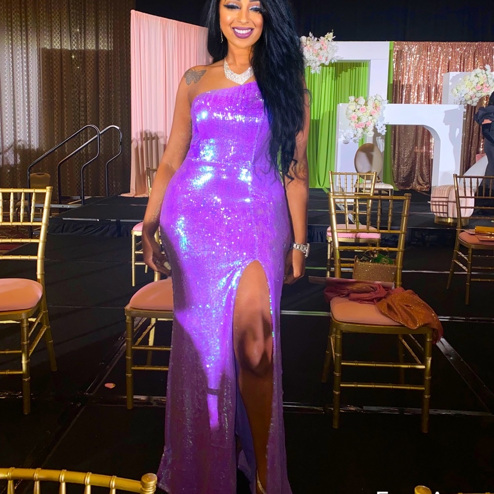 Lavender sequin gown with split